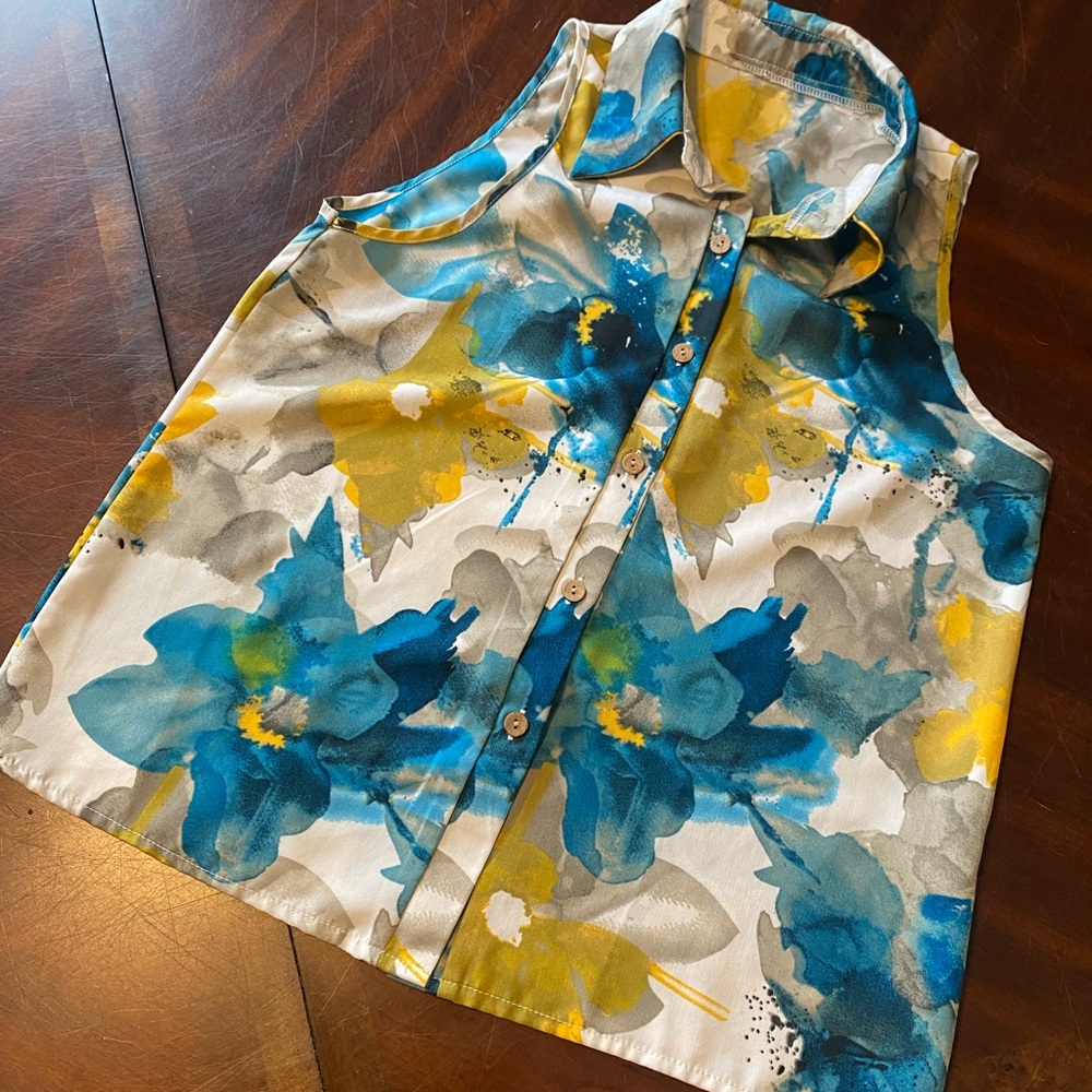 Floral Sleeveless Blouse - Blue and Yellow